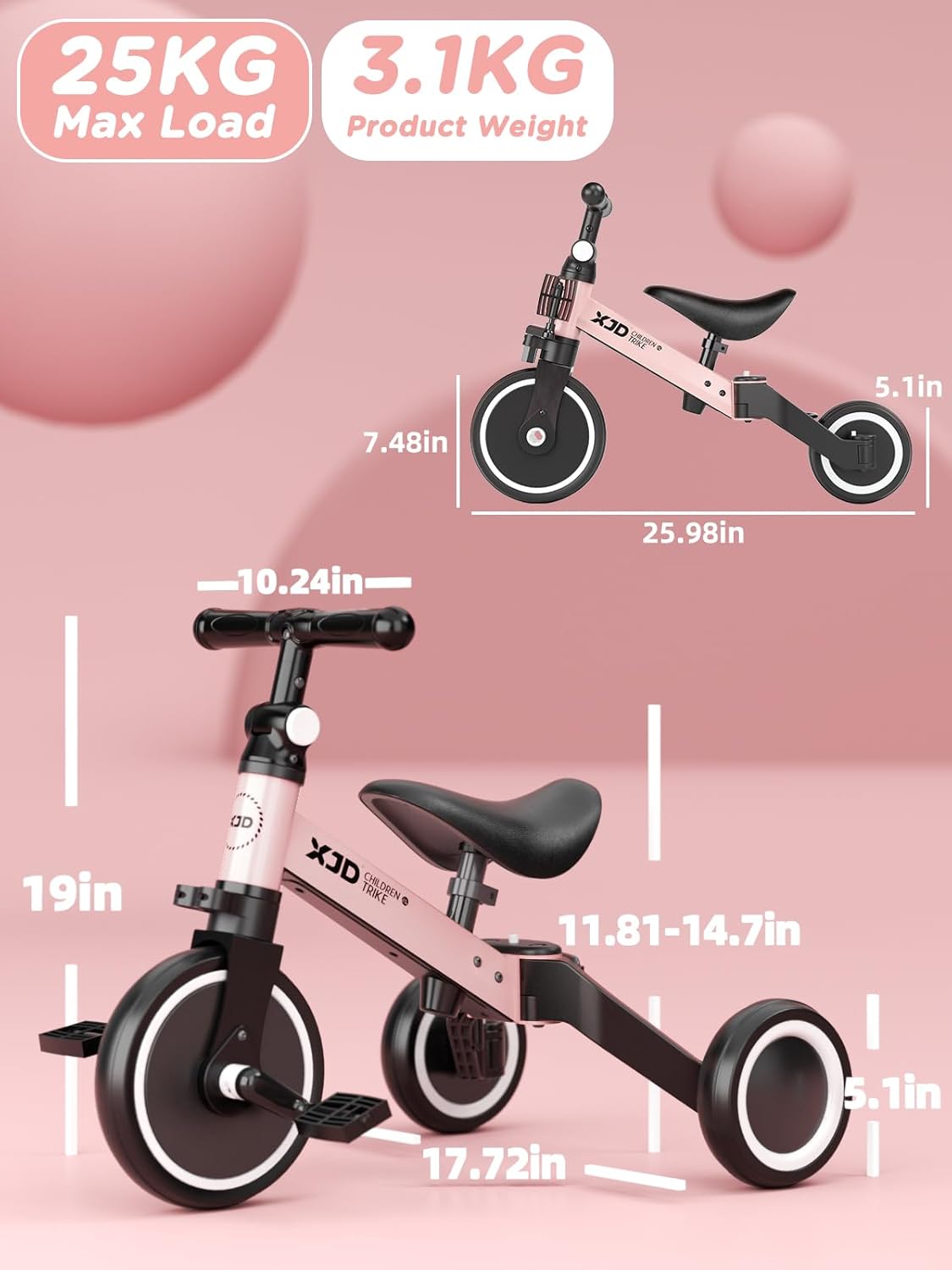 دراجة ثلاثية العجلات 3 في 1 للأطفال بعمر 1 إلى 3 سنوات، دراجة توازن ثلاثية العجلات للأولاد والبنات ترقية 2.0، بينك فاتح من اكس جي دي 9 دراجة ثلاثية العجلات 3 في 1 للأطفال بعمر 1 إلى 3 سنوات، دراجة توازن ثلاثية العجلات للأولاد والبنات ترقية 2.0، بينك فاتح من اكس جي دي - الصورة 9