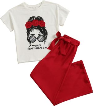 بدلة كاجوال للبنات، ملابس كاجوال للبنات مكونة مع بلوزة قصيرة + سروال سادة مع حزام لعمر 7-12 سنة من فيري نيو جيرلز، قطعتين