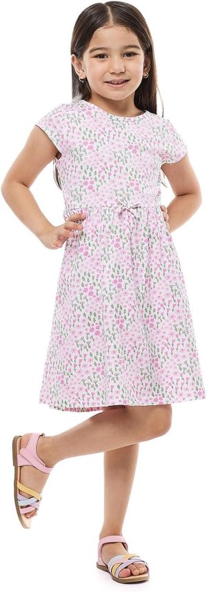 فستان واسع مطبوع برقبة دائرية ضيقة واكمام قصيرة على الكتف للبنات 325-0145KG363-1