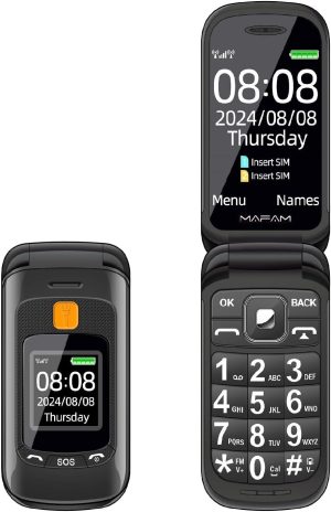 جوال قابل للطي، يدعم اللغة العربية، شاشة HD مقاس 2.4 انش، زر استغاثة وبث الوقت، ارقام ناطقة، راديو اف ام، مصباح يدوي، هاتف قابل للطي لكبار السن والاطفال، اسود