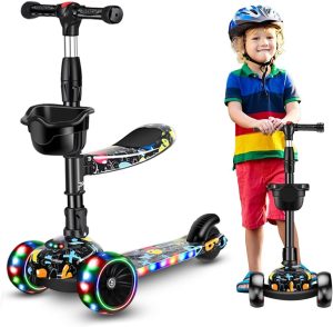 سكوتر للاطفال من دي ام جي تيك، سكوتر قابل للطي بـ4 ارتفاعات قابلة للتعديل للاطفال، سكوتر بثلاث عجلات، مع مقعد قابل للازالة، عجلات مضيئة باضاءة LED للاطفال من سن 1-10 سنوات