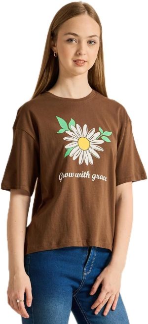 تيشرت مطبوع للبنات الكبار من ريدتاغ، لون بني