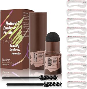 ستيك طابع لرسم الحواجب مقاوم للماء والعرق، مجموعة بودرة حواجب وكونتور خط الشعر 2 في 1 مع 10 قوالب و2 فرشاة بلون داكن وبني لتثبيت خط الشعر العالي على شكل حرف M، مكياج سريع وسهل للمبتدئين من يلا جوي