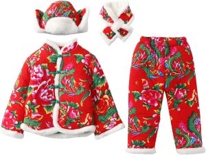 ملابس شتوية للبنات من دبليو يو او دي اتش تي دبليو، جاكيت قطني كبير بتصميم زهور شمال شرقي للاطفال، طقم ملابس من القطن الصيني للاولاد