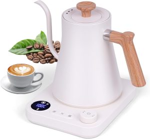 غلاية كهربائية بعنق اوزة، غلاية مياه كهربائية من الستانلس ستيل سعة 0.9 لتر مع تحكم في درجة الحرارة، درجة حرارة ثابتة، ايقاف تلقائي، لوحة شاشة تعمل باللمس، 1200 واط سريعة (ابيض خشبي حبيبي)