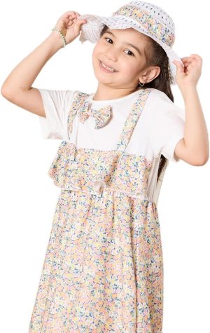 REDTAG Girls White Printed Dress With Hat (2 Piece), White