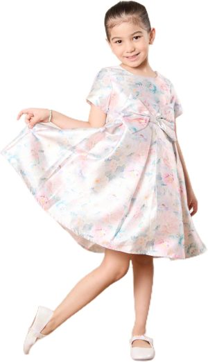REDTAG Girls Blue Floral Print Dress With Bow, Blue