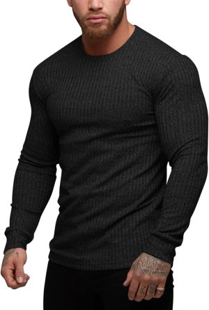 كاستويف قمصان رياضية للرجال باكمام طويلة ورقبة دائرية ضيقة قابلة للتمدد، تي شيرت بلوفر كاجوال بقصة ضيقة، بلوزة انيقة للعمل، ملابس داخلية باردة وجافة، تي شيرت للتمرين، اسود، XXL