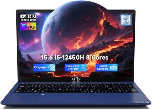 نيمو لابتوب 15.6 انش FHD-IPS للاعمال بمعالج انتل i5-12450H ثماني النواة وRAM 16GB وSSD 1TB (يتفوق على i7-11800H حتى 4.4GHz) وكيبورد باضاءة خلفية، 100 واط نوع C بصمة الاصبع واي فاي 6 كيبورد ويندوز 11