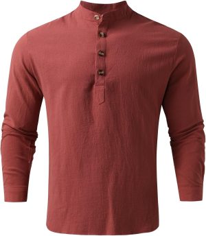 قمصان بيتش لينين للرجال قميص هينلي قطن كم طويل عارضة شاطئ هيبي تي شيرت خفيفة الوزن اليوغا (اللون: أحمر، المقاس: XL)