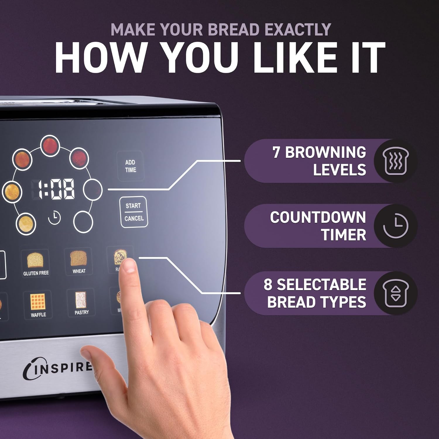 نوستالجيا محمصة خبز ذكية مع شاشة تعمل باللمس من انسبايريكس، شريحتان مع 8 انواع خبز و7 اوضاع تحميص، خفض / رفع تلقائي، عد تنازلي رقمي، طراز عصري، ستانلس ستيل 3 نوستالجيا محمصة خبز ذكية مع شاشة تعمل باللمس من انسبايريكس، شريحتان مع 8 انواع خبز و7 اوضاع تحميص، خفض / رفع تلقائي، عد تنازلي رقمي، طراز عصري، ستانلس ستيل - الصورة 3