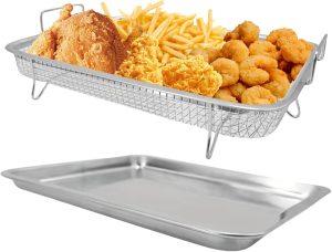 فااو دو سلة مقلاة هوائية للفرن مقاس 39.2 × 29.3 × 5.5 سم غير لاصقة مع صينية خبز، صينية خبز من الستانلس ستيل مع مجموعة رف، مع طلاء غير لاصق، للبطاطس المقلية ولحم الخنزير المقدد والدجاج
