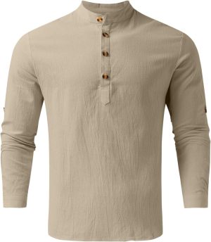 قميص هينلي كاجوال باكمام طويلة من الكتان والقطن للرجال من واي اكس جي ال ال، تي شيرت هيبي للشاطئ خفيف الوزن (اللون: كاكي، المقاس: XXL)