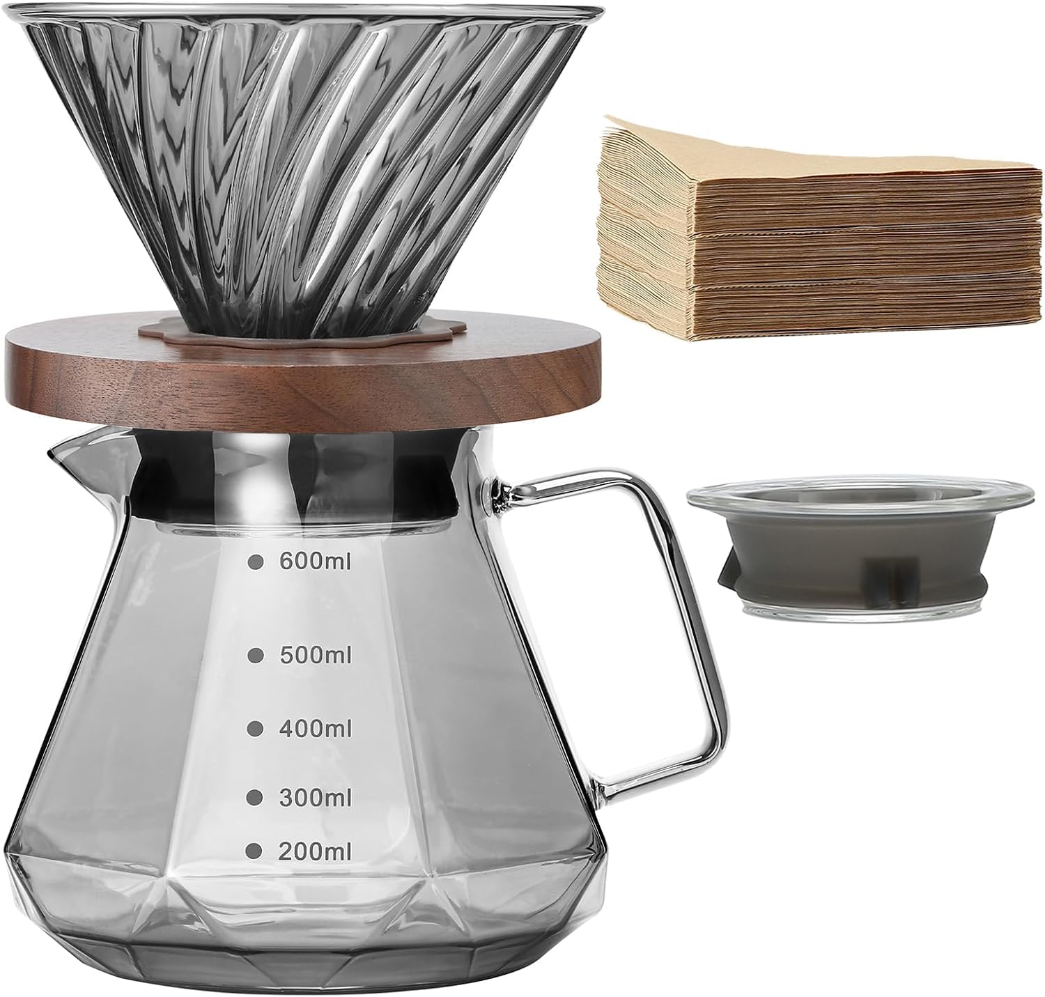 كاستويف ماكينة تحضير القهوة من زجاج البوروسيليكات سعة 20 اونصة مع 100 فلتر ورقي V60 ومقبض خشب الجوز وغطاء زجاجي بالتنقيط للمنزل والمقهى والمطعم والتخييم 600 مل رمادي 1 كاستويف ماكينة تحضير القهوة من زجاج البوروسيليكات سعة 20 اونصة مع 100 فلتر ورقي V60 ومقبض خشب الجوز وغطاء زجاجي بالتنقيط للمنزل والمقهى والمطعم والتخييم 600 مل رمادي