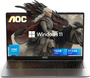 AOC لابتوب 16GB RAM 512GB SSD بشاشة FHD 15.6 انش (حتى 3.6GHz) ويندوز 11، خفيف ورفيع، هيكل معدني، كاميرا ويب، نوع C، USB3.2