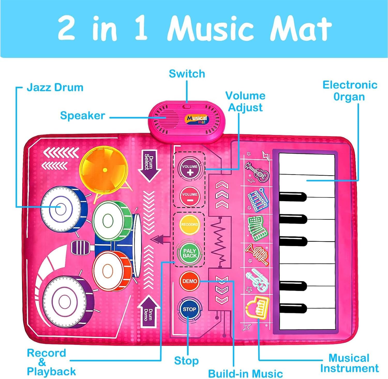بساط بيانو 2 في 1، ألعاب موسيقية للأطفال الصغار من 1 إلى 3 سنوات، لوحة مفاتيح بيانو وسجادة طبل، بساط لعب حسي موسيقي للأطفال الأولاد والبنات بعمر 1 2 3 4 5 6 سنوات من لينجي 5 بساط بيانو 2 في 1، ألعاب موسيقية للأطفال الصغار من 1 إلى 3 سنوات، لوحة مفاتيح بيانو وسجادة طبل، بساط لعب حسي موسيقي للأطفال الأولاد والبنات بعمر 1 2 3 4 5 6 سنوات من لينجي - الصورة 5