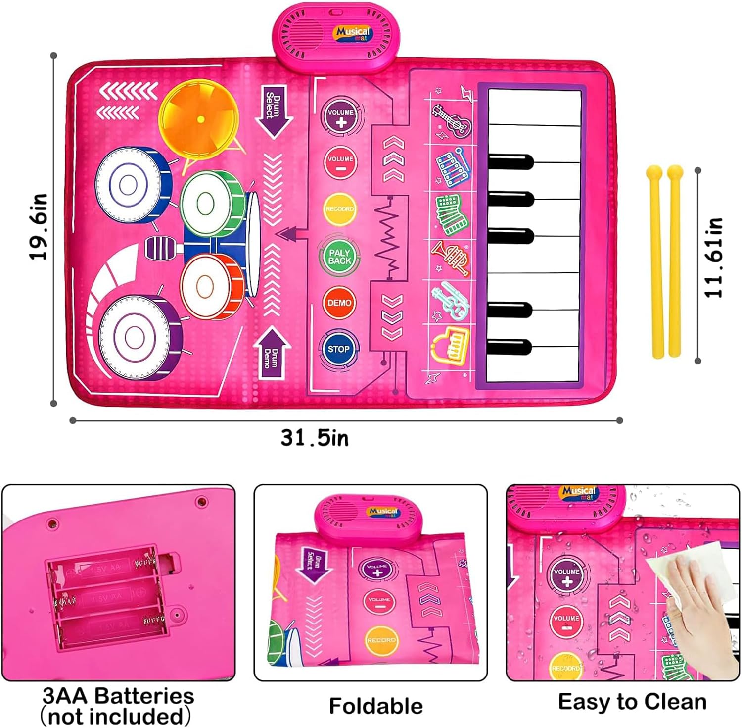 بساط بيانو 2 في 1، ألعاب موسيقية للأطفال الصغار من 1 إلى 3 سنوات، لوحة مفاتيح بيانو وسجادة طبل، بساط لعب حسي موسيقي للأطفال الأولاد والبنات بعمر 1 2 3 4 5 6 سنوات من لينجي 4 بساط بيانو 2 في 1، ألعاب موسيقية للأطفال الصغار من 1 إلى 3 سنوات، لوحة مفاتيح بيانو وسجادة طبل، بساط لعب حسي موسيقي للأطفال الأولاد والبنات بعمر 1 2 3 4 5 6 سنوات من لينجي - الصورة 4