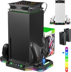شاحن بتقنية USB لجهاز Xbox Series X مع حامل ومروحة تبريد وبطاريتين قابلتين للشحن وتخزين 7 ألعاب