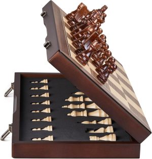 اميروس مجموعة شطرنج خشبية مغناطيسية مقاس 15 انش للبالغين والاطفال - مجموعة العاب لوح شطرنج مع لوح قابل للطي وعبوة هدايا وفتحات تخزين وقطع مصنوعة يدويا، مجموعة شطرنج للمبتدئين المحترفين