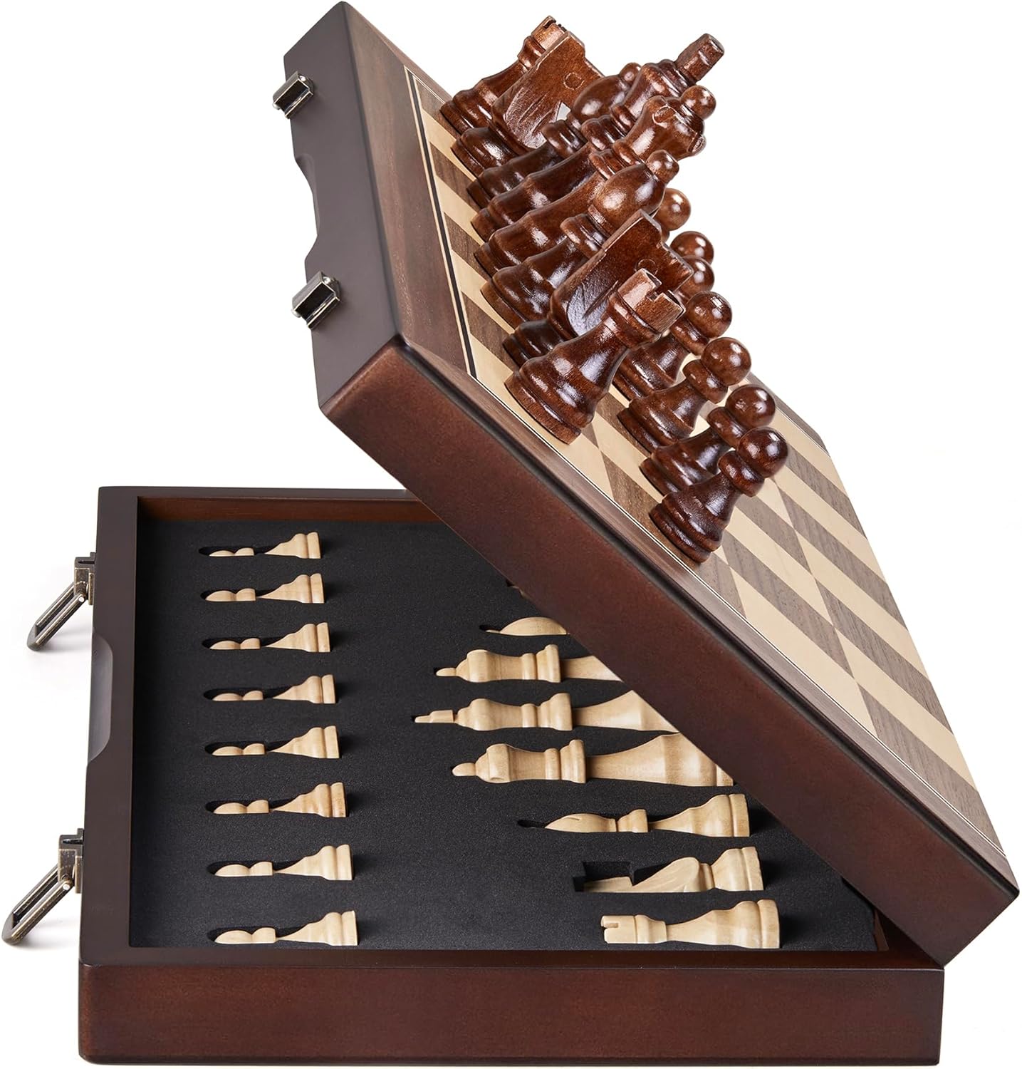 اميروس مجموعة شطرنج خشبية مغناطيسية مقاس 15 انش للبالغين والاطفال - مجموعة العاب لوح شطرنج مع لوح قابل للطي وعبوة هدايا وفتحات تخزين وقطع مصنوعة يدويا، مجموعة شطرنج للمبتدئين المحترفين