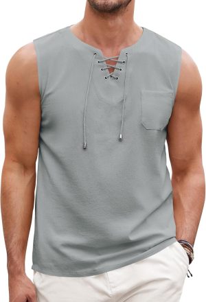 تيشيرت كاجوال هيبي للرجال من القطن والكتان بأكمام قصيرة ورباط للشاطئ من كوفاندي