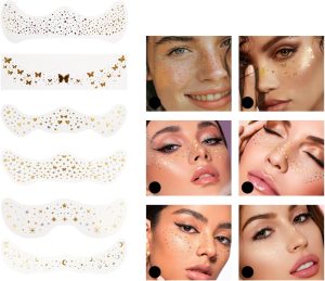 مجموعة ملصقات لامعة للوجه جاهزة للمهرجانات والمناسبات الاجتماعية، مقاومة للماء والعرق لارتداء طويل الأمد، مثالية لايام الشاطئ وحفلات الاصدقاء والمهرجانات الموسيقية والمكياج اليومي