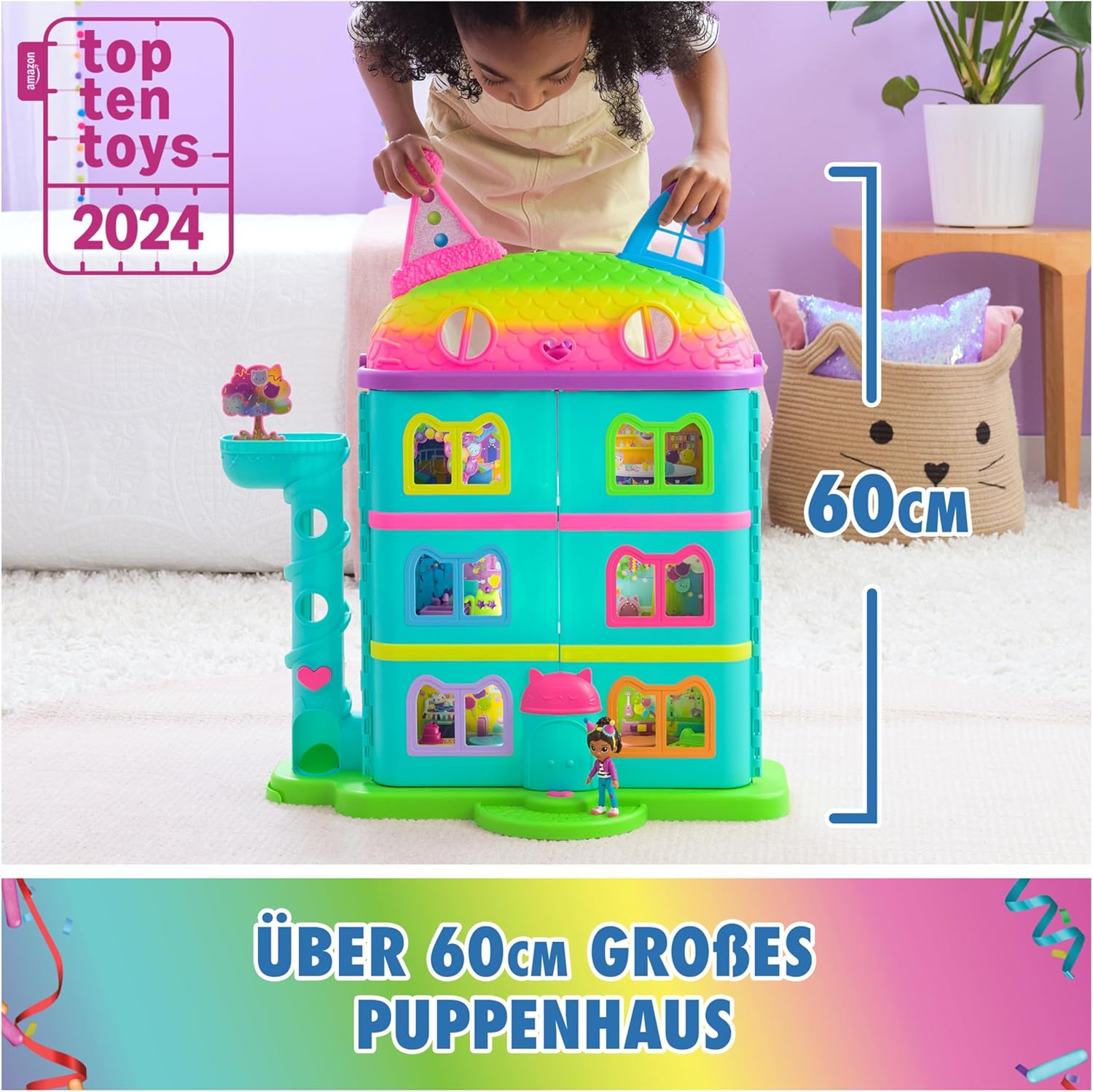 مجموعة لعب بيت الدمى من بورفكت بارتي بمظهر قوس قزح، أكثر من 60 سم مع مجسم غابي، اثاث وتأثيرات صوتية، لعمر 3 سنوات 5 مجموعة لعب بيت الدمى من بورفكت بارتي بمظهر قوس قزح، أكثر من 60 سم مع مجسم غابي، اثاث وتأثيرات صوتية، لعمر 3 سنوات - الصورة 5