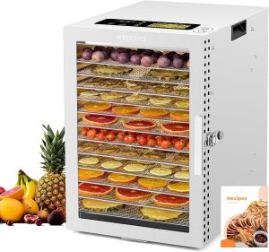 مجفف طعام من كواسيو مع 12 صينية من الستانلس ستيل، تجفيف فعال 360 درجة بمروحة مزدوجة، مؤقت تجفيف 24 ساعة وتحكم في درجة الحرارة من 20 الى 90 درجة مئوية، حماية من الحرارة الزائدة
