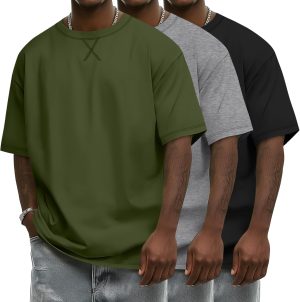 تي شيرت رجالي كبير الحجم من القطن خفيف الوزن برقبة دائرية ضيقة واكمام قصيرة وقصة فضفاضة، بلوزة بيسيك كاجوال ناعمة من 3 قطع