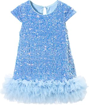 فستان لامع بترتر بتصميم قصة ايه-لاين بدون أكمام للحفلات للبنات الصغيرات من سيور