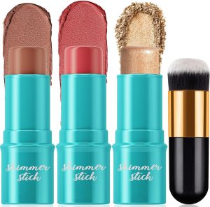 مجموعة مكياج كونتور كريمي مكونة من 3 قطع مع فرشاة مكياج، ظلال مع برونزر طبيعي، احمر خدود وهايلايتر قابل للمزج لاطلالة خالية من العيوب، قلم كونتور يدوم طويلا ومقاوم للماء