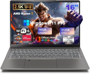 2025 16 Inch 2.5K IPS Gaming Laptop Computer, AMD Ryzen 7 6800H (Up to 4.7GHz), 16GB DDR5 512GB SSD, AMD Radeon 680M, WiFi 6, Type-C, Webcam, Fingerprint, Backlit Keyboard, Windows 11 Pro w/ MS Office
