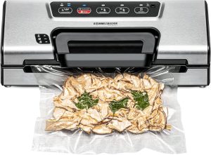 روملزسبتشر سدادة تفريغ الهواء VAC 385، 12 لتر/دقيقة، تشغيل بيد واحدة، حجرة لفة، خياطة اغلاق قوية، وصلة خرطوم للحاويات، تفريغ وختم تلقائي بالكامل ويدوي، ستانلس ستيل