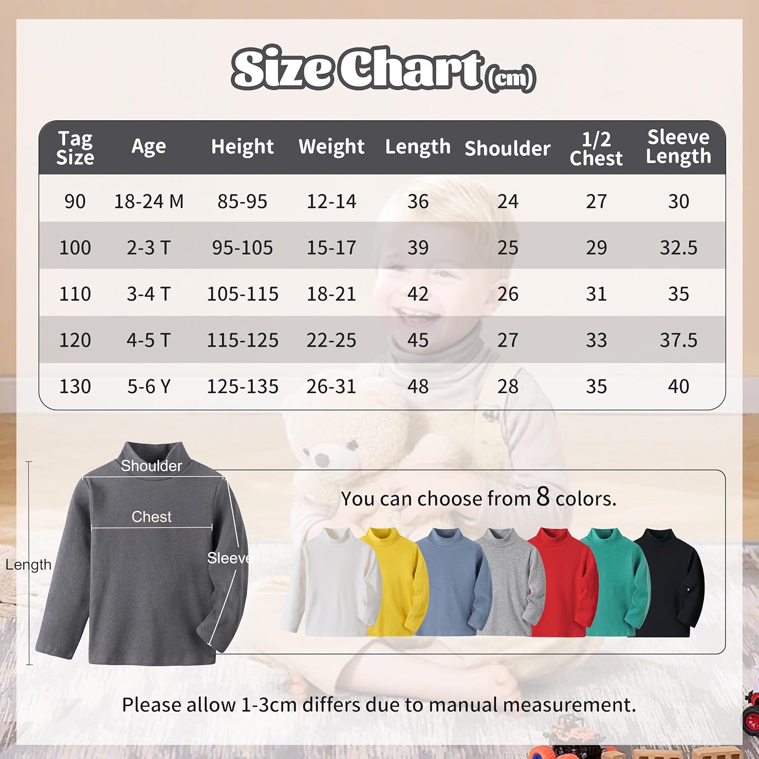 قمصان قطن باكمام طويلة وقبة مرتفعة للاطفال الاولاد والبنات من الجنسين، بلوفر حراري بلون سادة دافئ 8 قمصان قطن باكمام طويلة وقبة مرتفعة للاطفال الاولاد والبنات من الجنسين، بلوفر حراري بلون سادة دافئ - الصورة 8