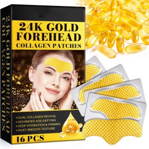 رقع جبين ذهبية عيار 24 قيراط مضادة للتجاعيد - 16 قطعة من قناع خطوط الجبهة بالكولاجين - وسادات تجاعيد - رقعة هيدروجيل للجبهة شد الوجه والجبهة للجنسين اريكويليسما كل الأنواع
