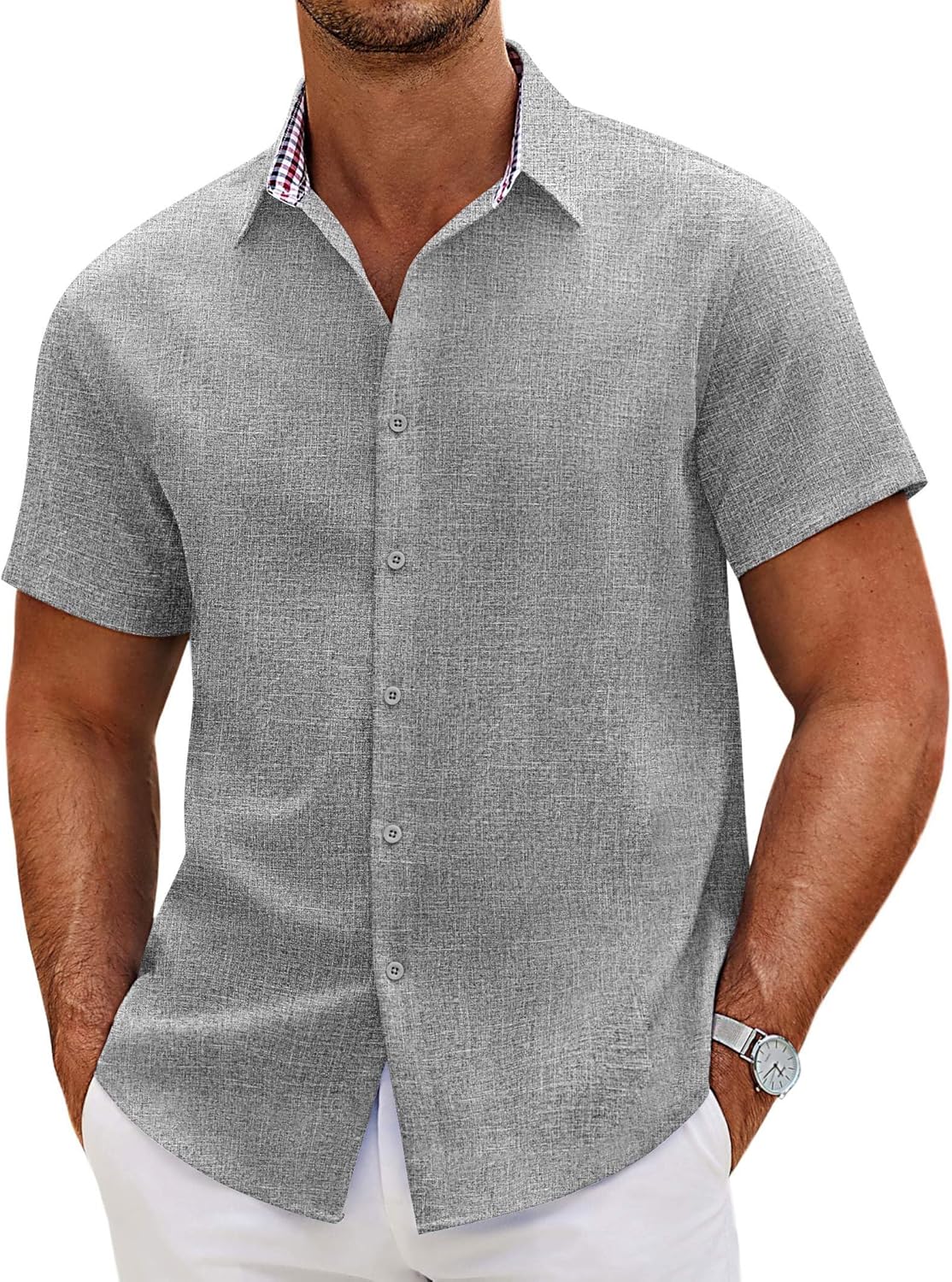 قميص كاجوال فضفاض من نسيج الكتان بأكمام قصيرة وأزرار أمامية كاملة للصيف والشاطئ للرجال من كوفاندي