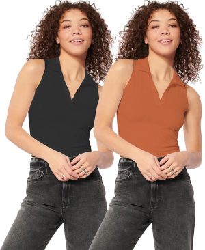 بلوزة بدون أكمام من نسيج مضلع سادة بتصميم بسيط بياقة بولو وقصة ضيقة للنساء والبنات من شاسمي