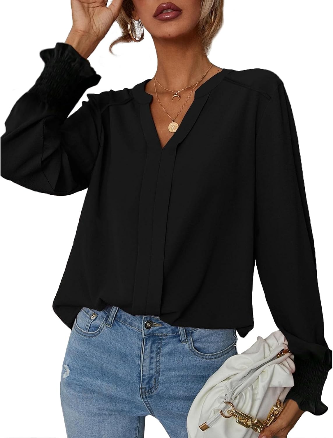 بلوزة كاجوال أنيقة للنساء بتصميم سادة عصري وقبة V وأكمام مكشكشة منفوخة طويلة من SYKT 1 بلوزة كاجوال أنيقة للنساء بتصميم سادة عصري وقبة V وأكمام مكشكشة منفوخة طويلة من SYKT