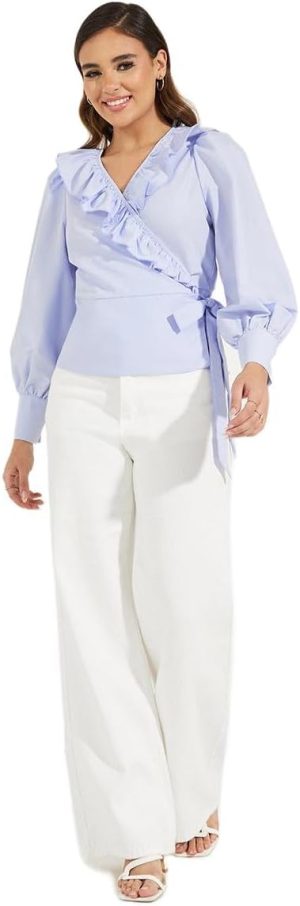 بلوزة ملفوفة مكشكشة مع تفاصيل رباط للنساء من ستايلي