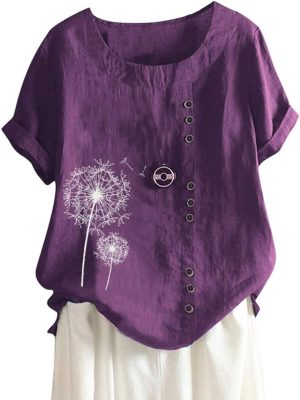 بلوزة من القطن والكتان بتصميم زهور للنساء من ابيس، بلايز قصيرة الاكمام من القطن والكتان بلون سادة للنساء، بلوزة كاجوال فضفاضة بمقاس كبير