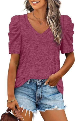بلوزة نسائية انيقة بلون سادة واكمام منفوخة، قميص كاجوال برقبة على شكل حرف V، تي شيرت صيفي انيق باكمام قصيرة (مقاس XXL-احمر)