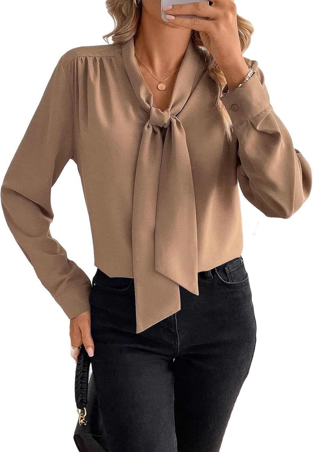 بلوزة نسائية باكمام طويلة وربطة عنق وفيونكة، قميص عمل كاجوال انيق للمكتب، قميص رسمي احترافي خفيف الوزن من الشيفون او الحرير، مقاس XL 1 بلوزة نسائية باكمام طويلة وربطة عنق وفيونكة، قميص عمل كاجوال انيق للمكتب، قميص رسمي احترافي خفيف الوزن من الشيفون او الحرير، مقاس XL