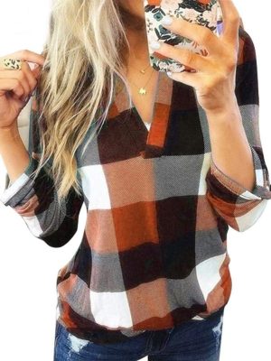 بلوزة نسائية طويلة الاكمام من الفلانيل كاروهات مثيرة بقبة V بلوزة طويلة منقوشة كاجوال باكمام ملفوفة ومربعات، مقاس S-5XL، برتقالي