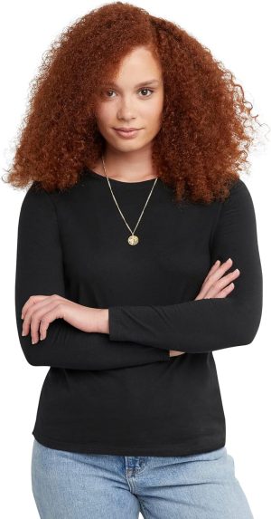 تي شيرت حريمي قطن اوريجينالز بأكمام طويلة وقبة على شكل حرف V من هانس بقبة وملائمة عصرية خفيف الوزن