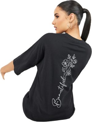 تي شيرت حريمي مقاس كبير بكتف منسدل وطبعة كلمة Beautiful من الخلف من ستايلي