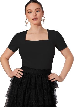 تيشيرت بتصميم سادة محبوك ورقبة مربعة وأكمام قصيرة منفوخة للنساء والفتيات من شاسمي