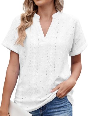 قمصان عمل نسائية من اونرهت باكمام قصيرة ورقبة على شكل حرف V من قماش الجاكار، بلايز كاجوال صيفية انيقة وعصرية مقاس S-XXL