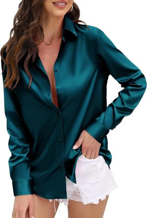 قميص من الساتان الحريري الناعم بازرار سفلية واكمام طويلة للنساء كنلين، مناسب للعمل