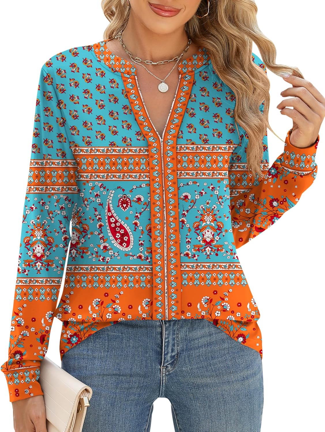 ميكوسون بلايز نسائية أنيقة كاجوال باكمام طويلة محبوكة بقبة V