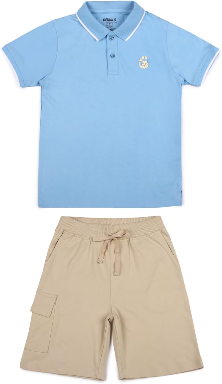 طقم تيشيرت بولو وشورت للأولاد مصنوع من القطن بنسبة 100% وقماش مغسول بيولوجيًا من دنيكلو